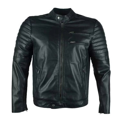 Men Biker Quilted Black Leather Jacket