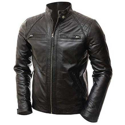 Men Black Biker Cafe Racer Leather Jacket