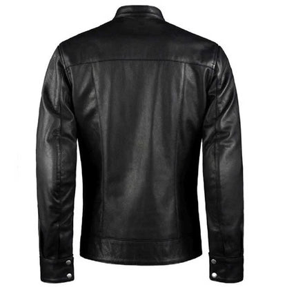 Men Black Biker Leather Jacket With Red Stripes