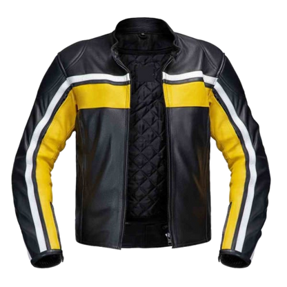 Mens Black & Yellow Biker Leather Jacket