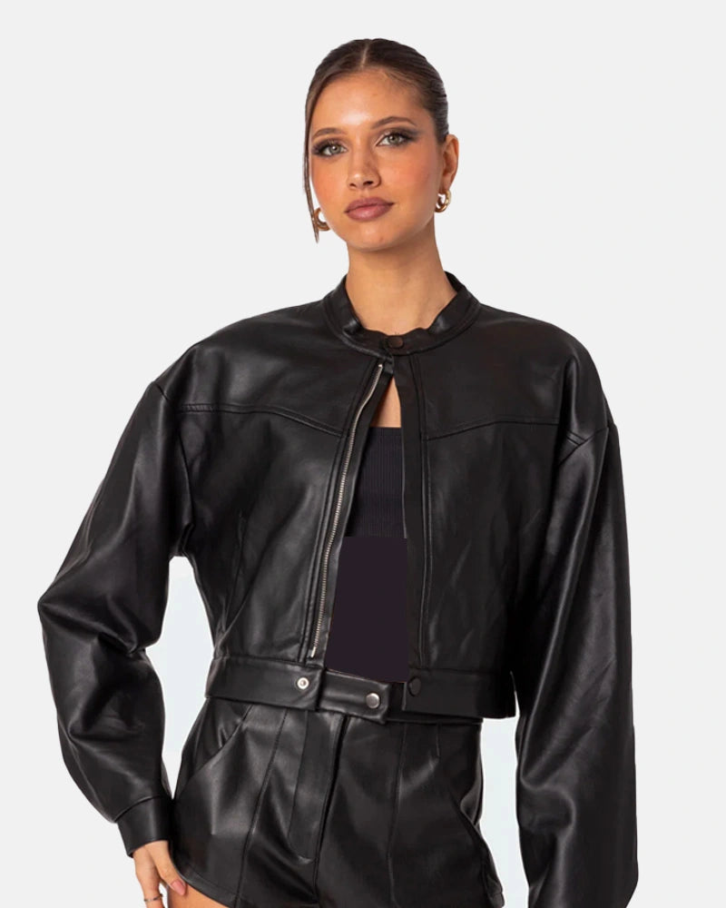 Black Faux Leather Cropped Jacket