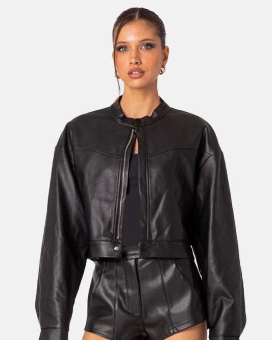 Black Faux Leather Cropped Jacket