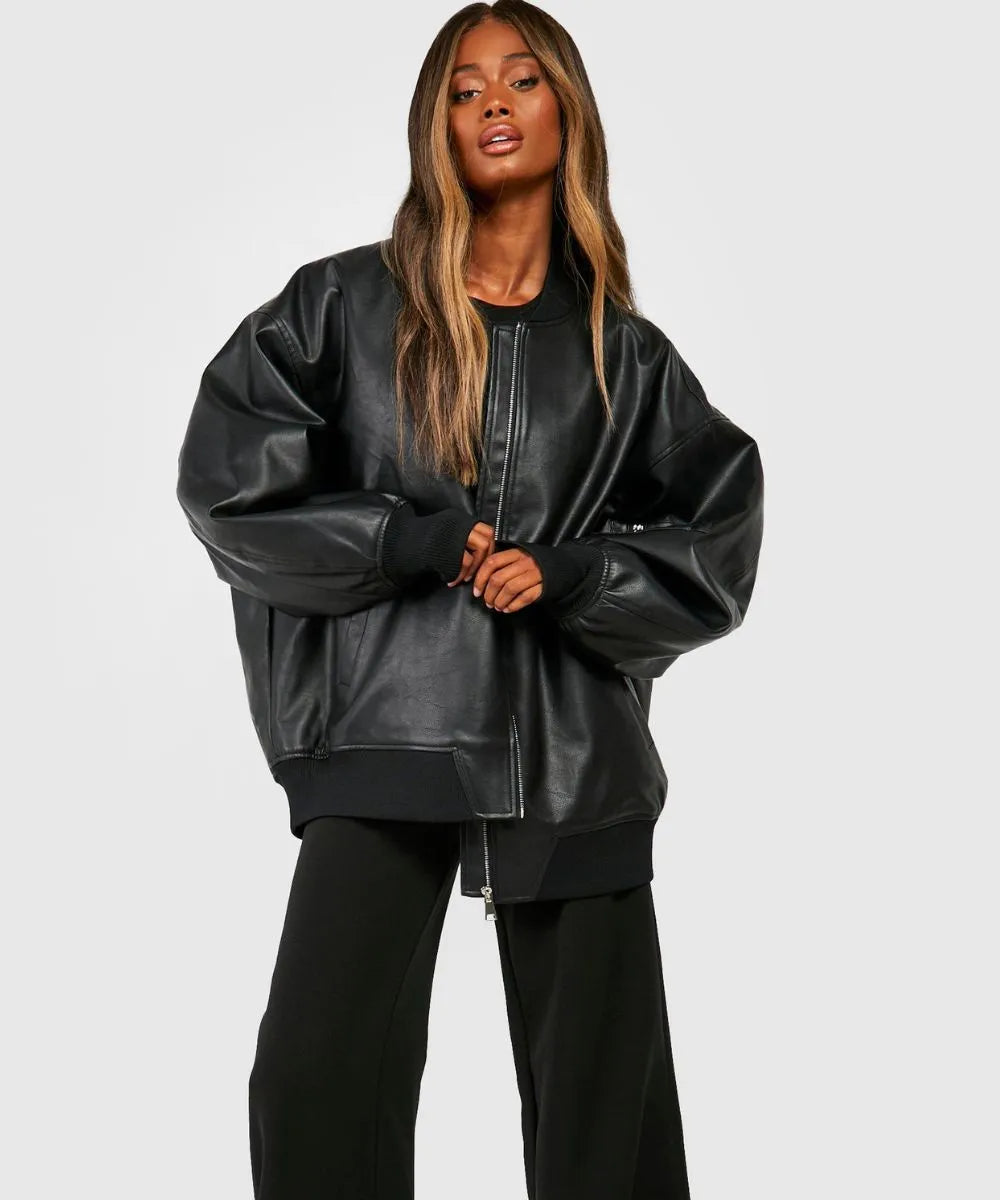 Oversized Black Leather Bomber Jacket