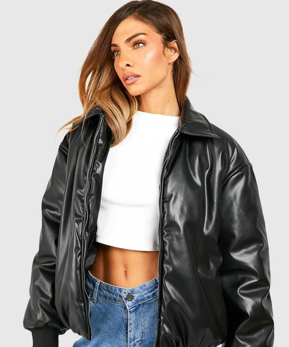 Padded Bomber Black Leather Jacket