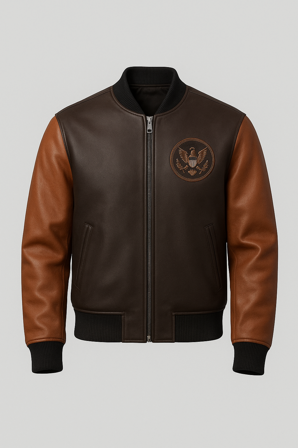 Men’s Brown Leather Bomber Jacket with Eagle Embroidery