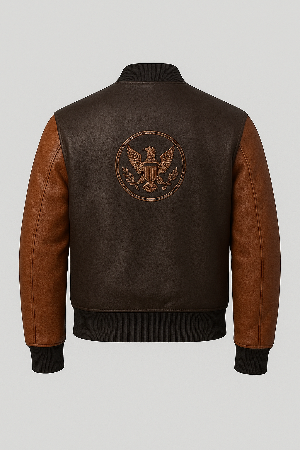 Men’s Brown Leather Bomber Jacket with Eagle Embroidery