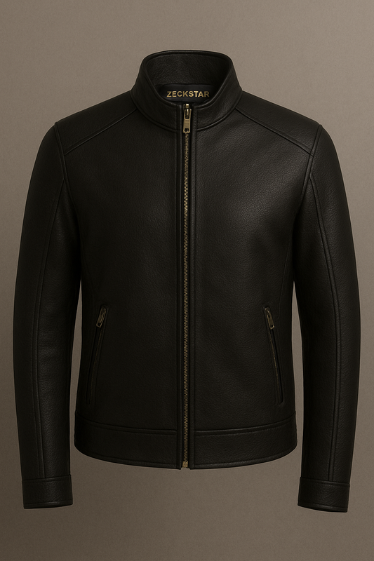 Men’s Black Leather Jacket with Skull & Lightning Embroidery