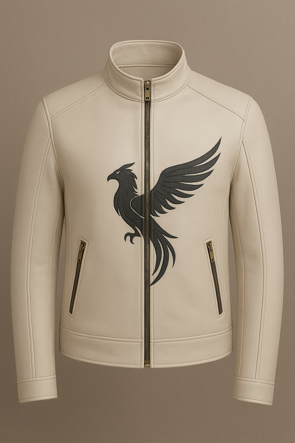 Cream Leather Jacket with Black Phoenix Embroidery