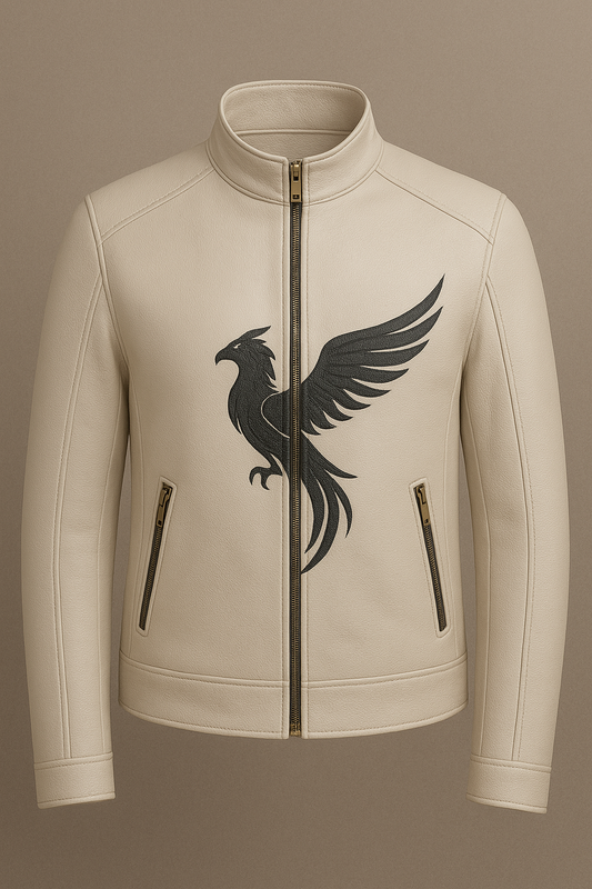Cream Leather Jacket with Black Phoenix Embroidery