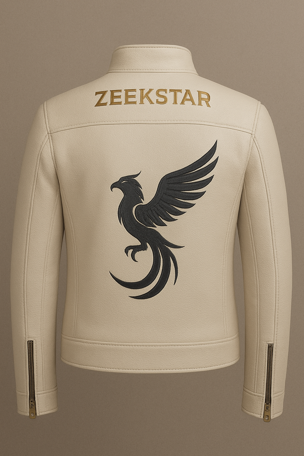 Cream Leather Jacket with Black Phoenix Embroidery
