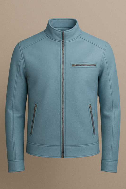 Sky Blue Leather Jacket for Men with Bold Geometric Back Embroidery