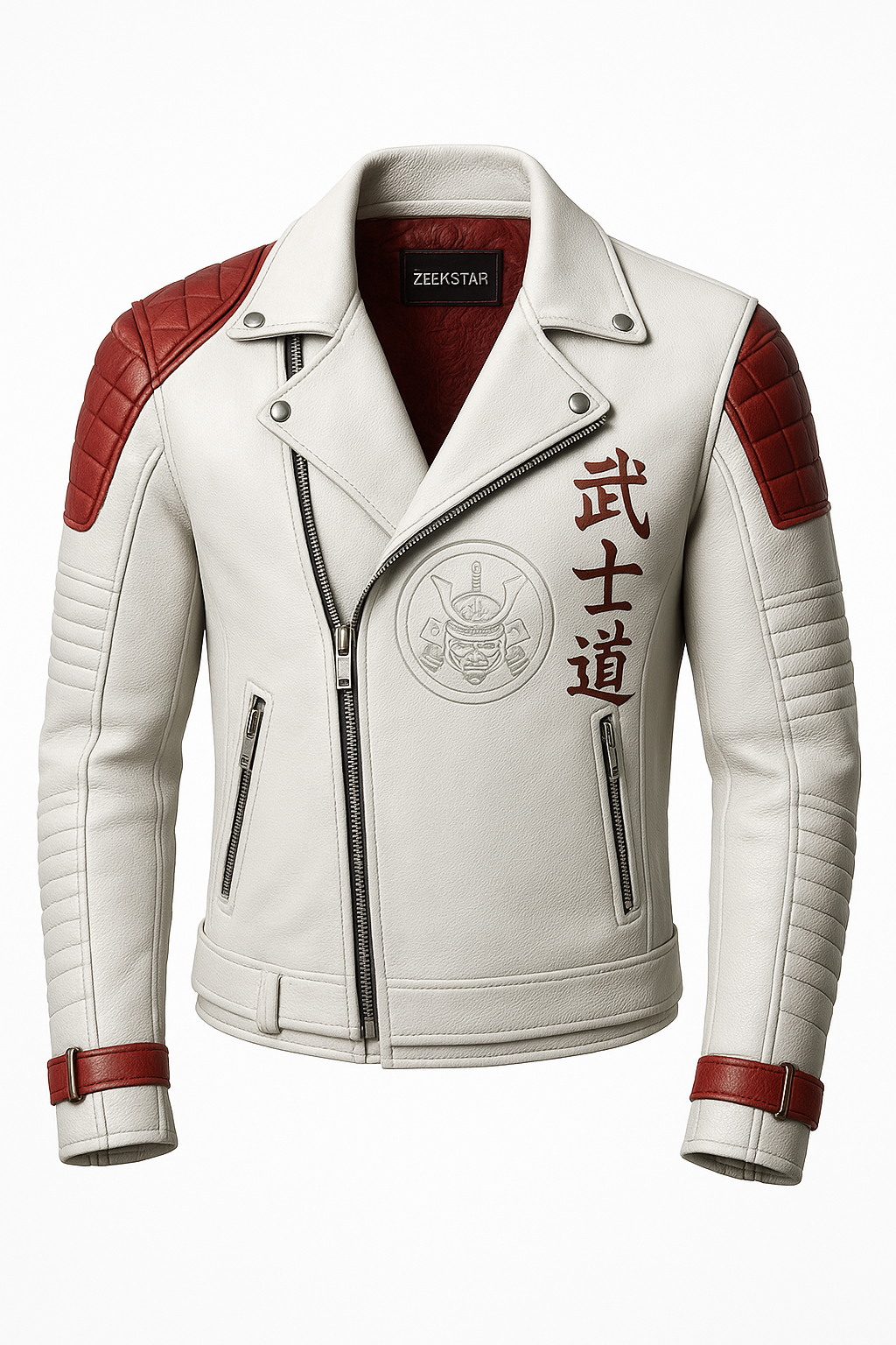 Samurai Bushido Leather Biker Jacket – Premium Off-White & Red Armor by Zeekstar
