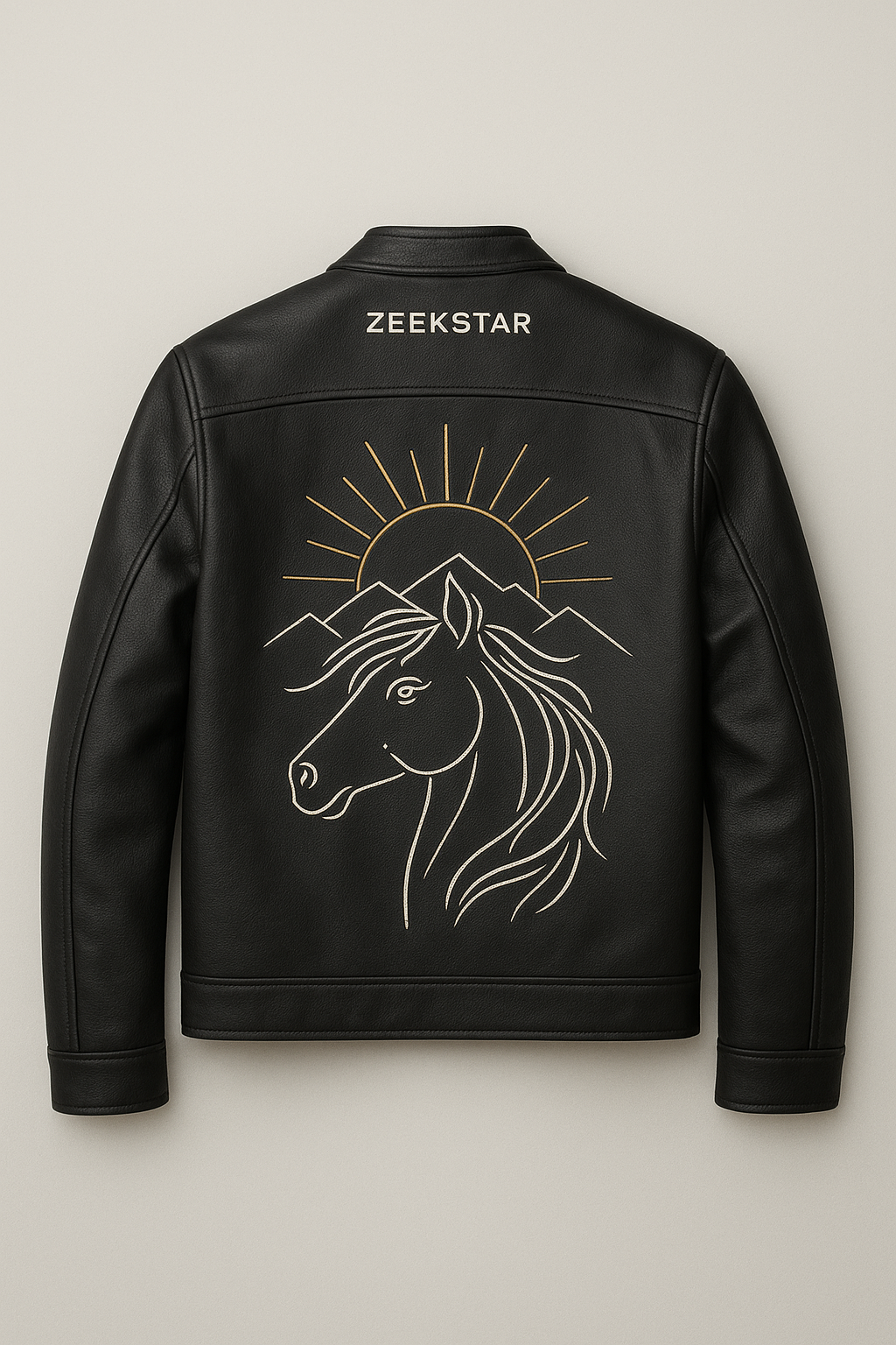 Black Leather Jacket with Embroidered Horse Design