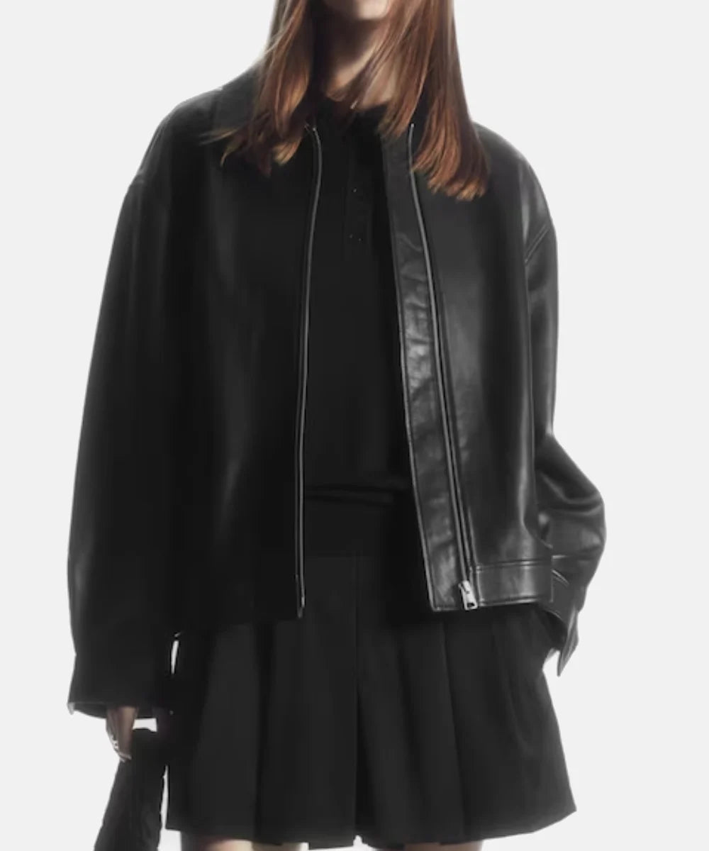 Women Oversized Collared Leather Jacket