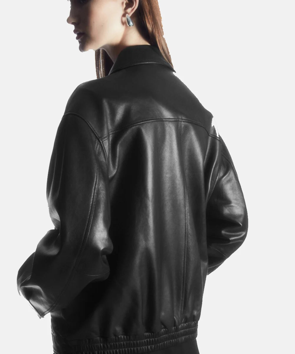 Women Oversized Collared Leather Jacket