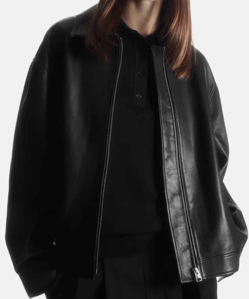 Women Oversized Collared Leather Jacket