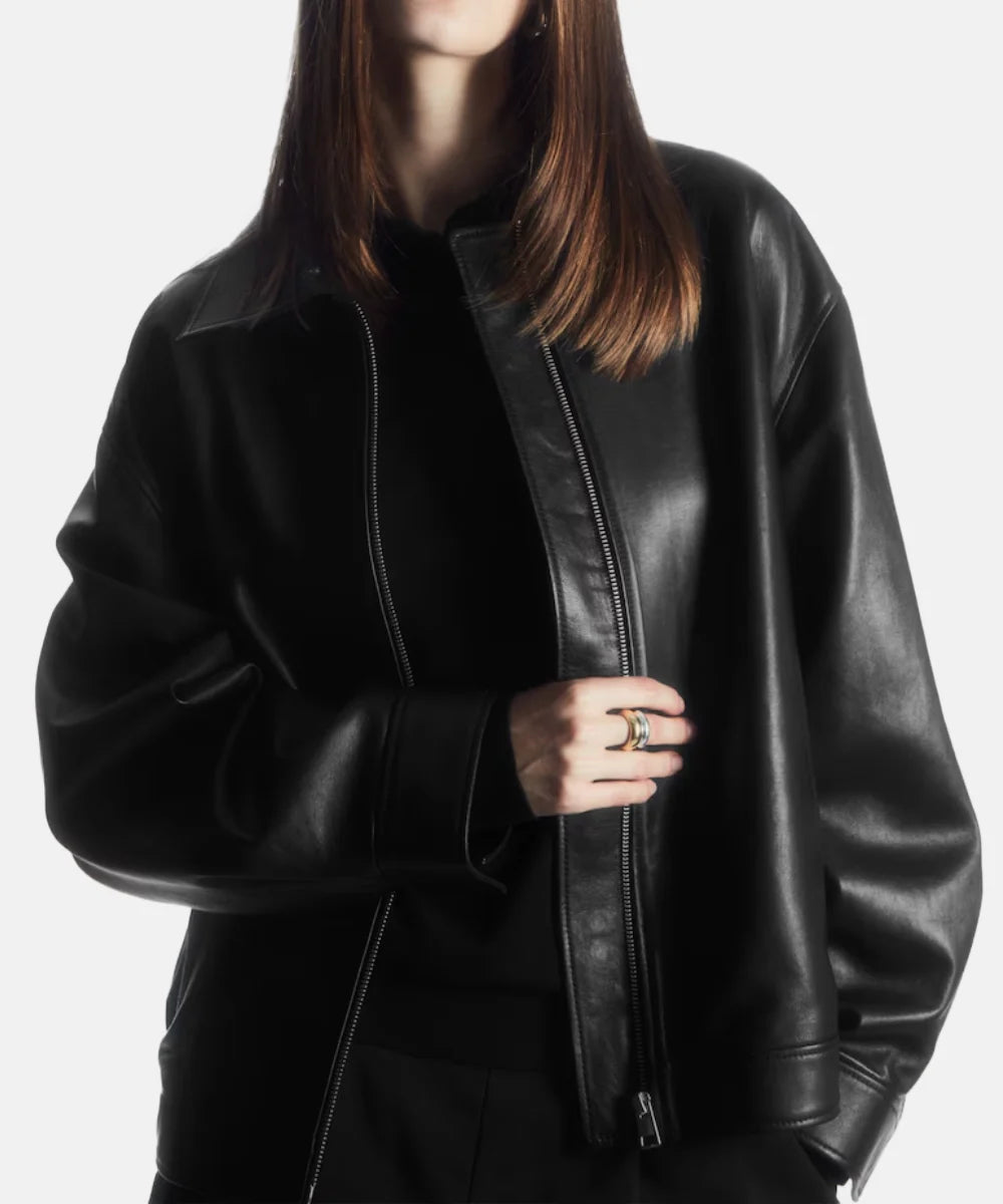 Women Oversized Collared Leather Jacket