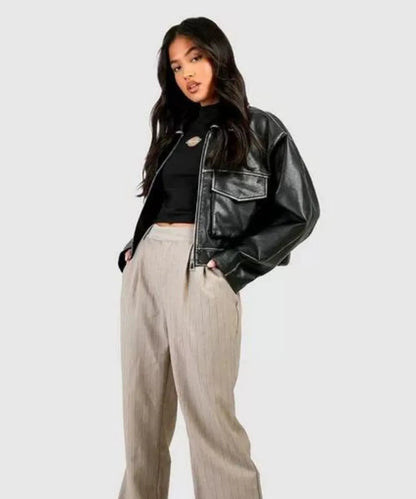 Women Vintage Pocket Detail Leather Jacket
