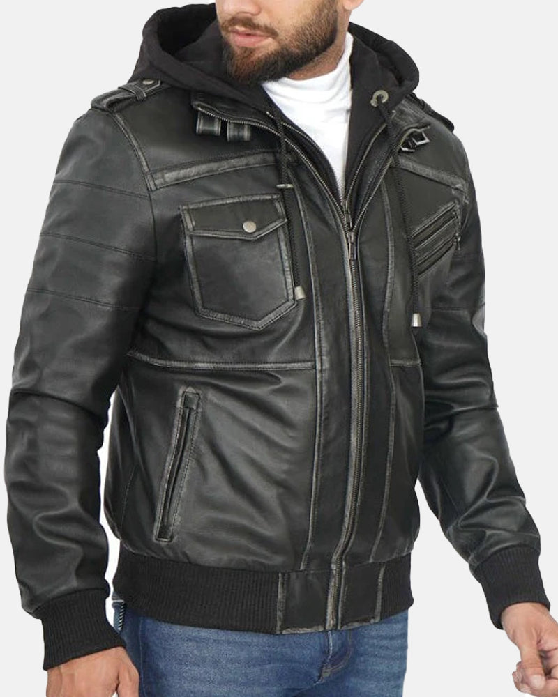 Captain Grey Leather Jacket Removable Hood