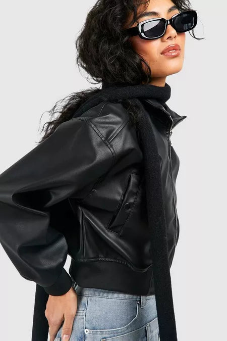 Women Cropped Leather Bomber Jacket