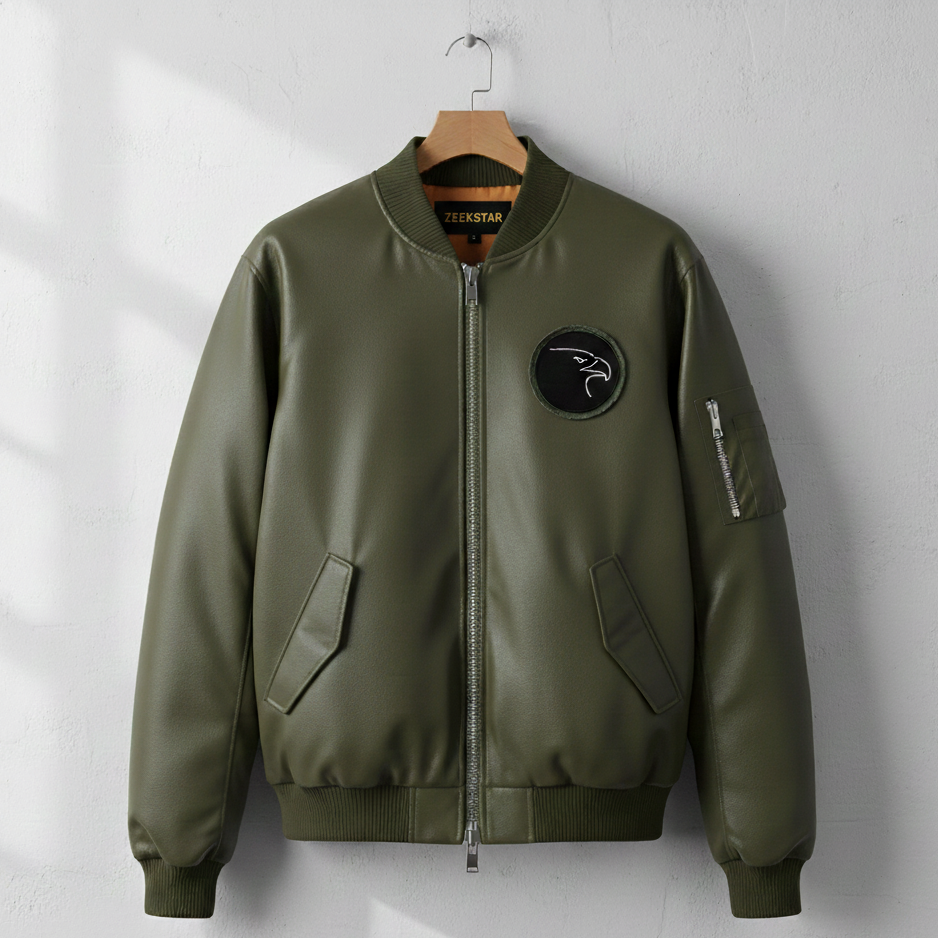 Men’s Premium Leather Bomber Jacket – Olive Green