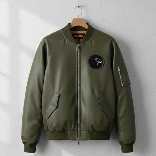 Men’s Premium Leather Bomber Jacket – Olive Green