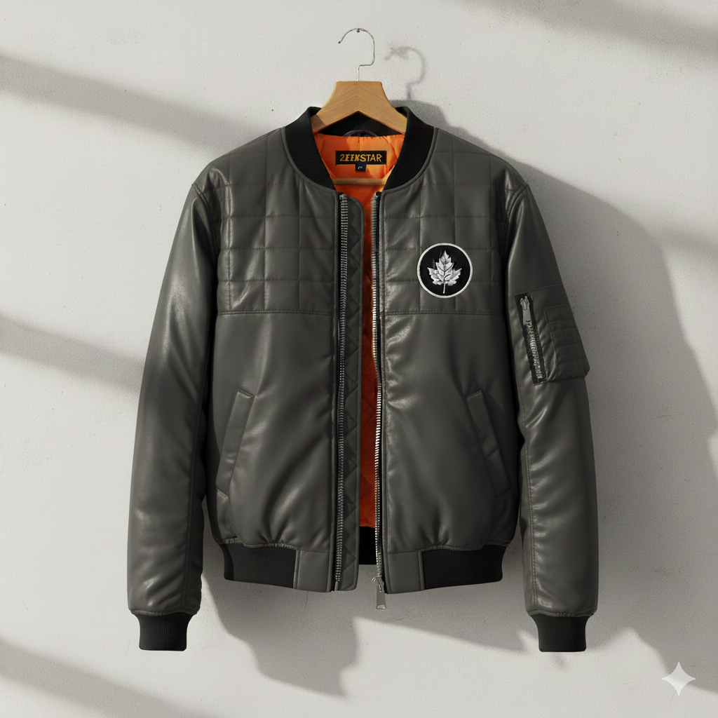 Men’s Grey Faux Leather Bomber Jacket – Premium Quilted Style