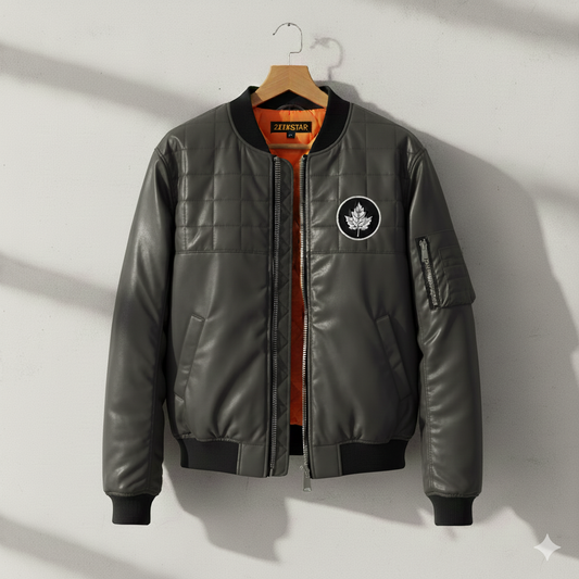 Men’s Grey Faux Leather Bomber Jacket – Premium Quilted Style