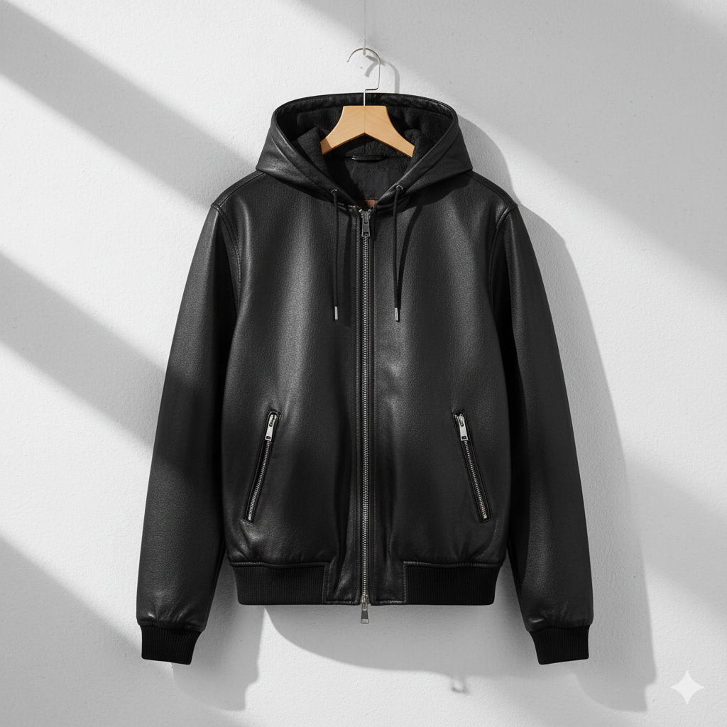 Men’s Black Leather Hoodie Jacket