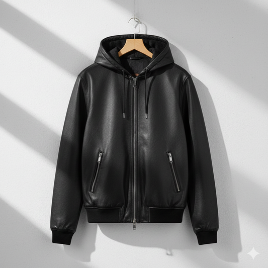 Men’s Black Leather Hoodie Jacket