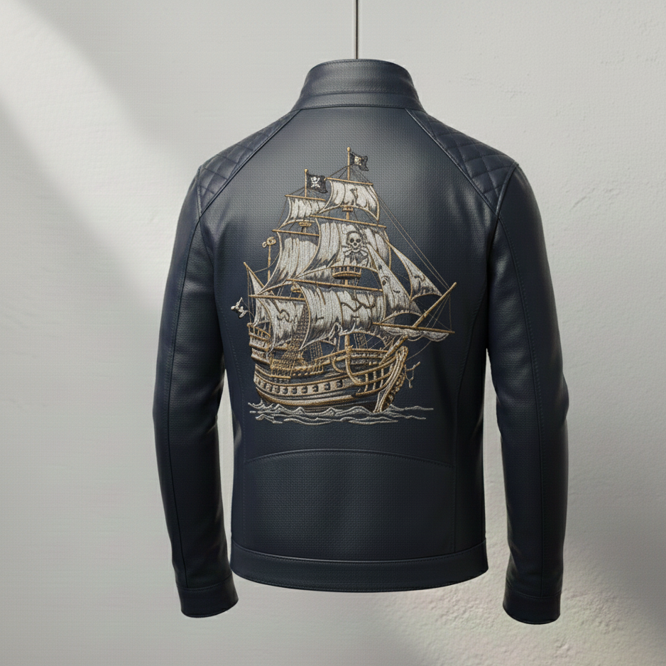 Men’s Navy Leather Jacket with Embroidered Ship & Compass Design