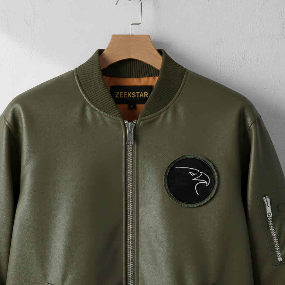 Men’s Premium Leather Bomber Jacket – Olive Green