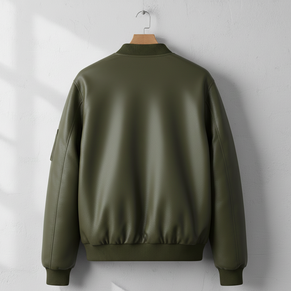 Men’s Premium Leather Bomber Jacket – Olive Green