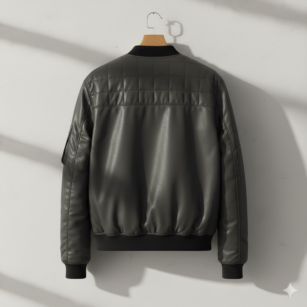 Men’s Grey Faux Leather Bomber Jacket – Premium Quilted Style