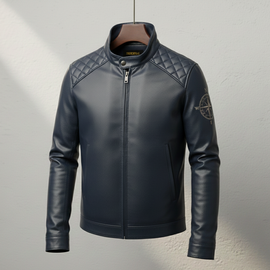 Men’s Navy Leather Jacket with Embroidered Ship & Compass Design