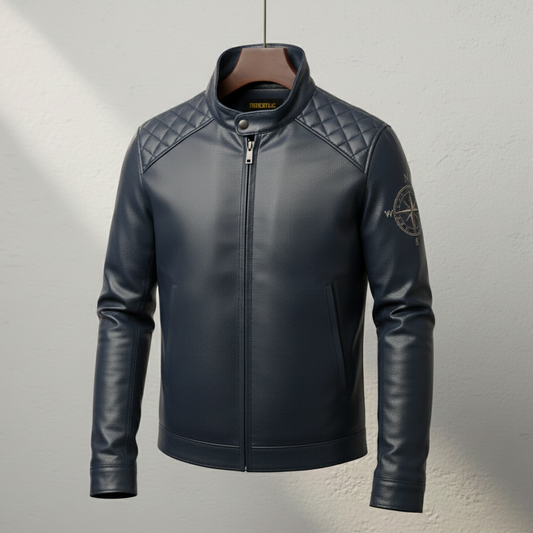 Men’s Navy Leather Jacket with Embroidered Ship & Compass Design