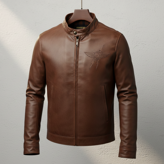 Men’s Brown Leather Jacket with Embroidered Wing Design