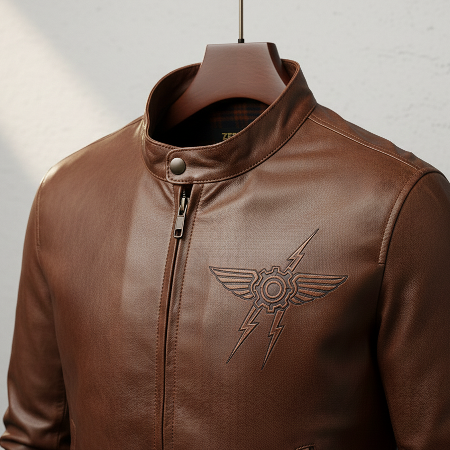 Men’s Brown Leather Jacket with Embroidered Wing Design