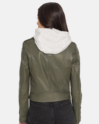 Women’s Leather Biker Jacket with Removable Hood