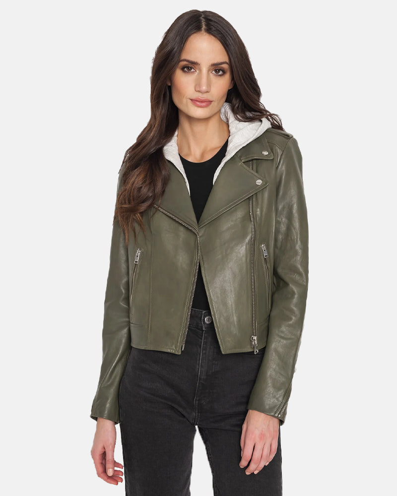 Women’s Leather Biker Jacket with Removable Hood