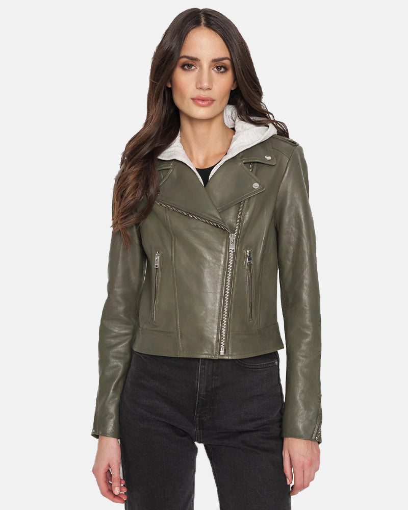 Women’s Leather Biker Jacket with Removable Hood