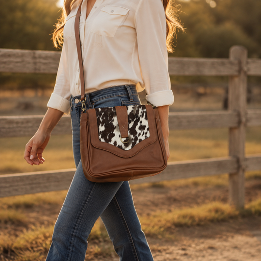 Western Cowhide Leather Crossbody Bag for Women – Brown Hair-On Hide Purse