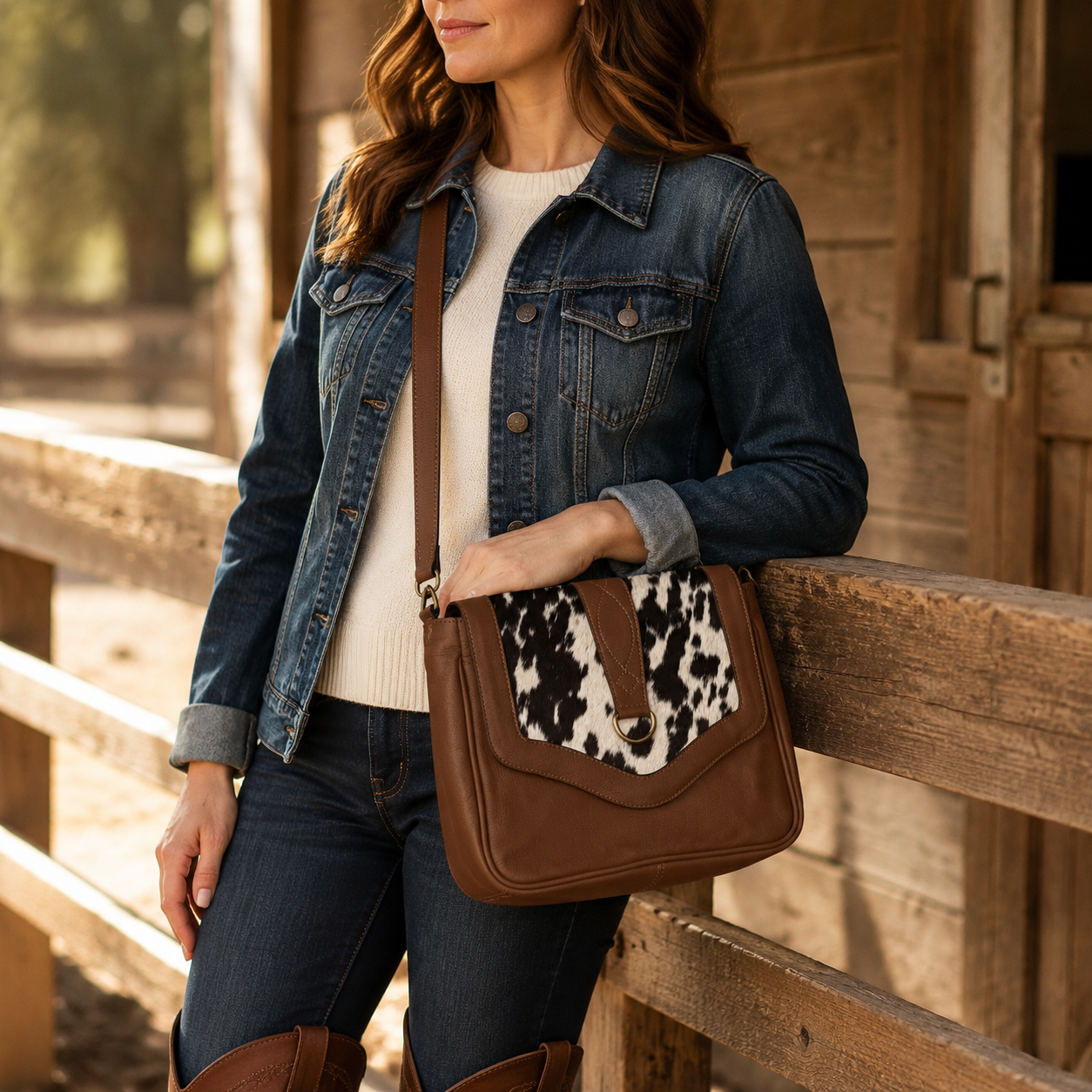 Western Cowhide Leather Crossbody Bag for Women – Brown Hair-On Hide Purse