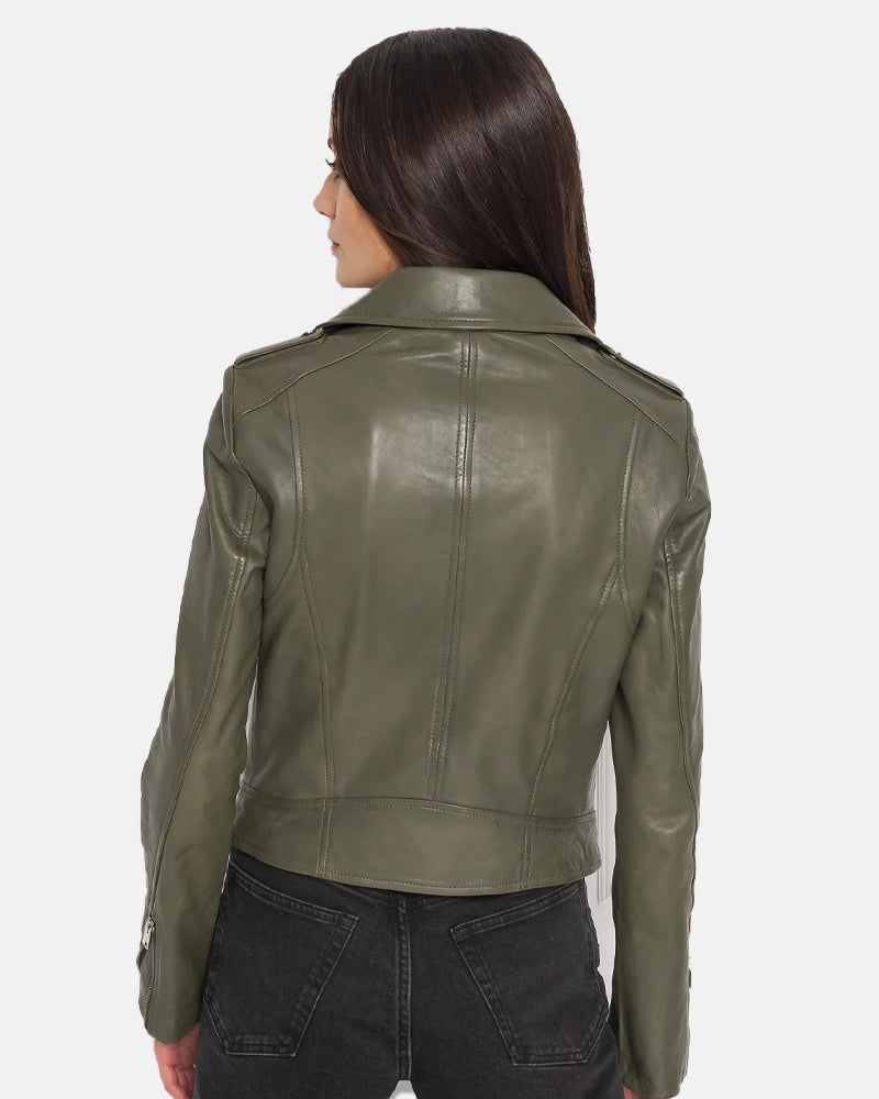 Women’s Leather Biker Jacket with Removable Hood