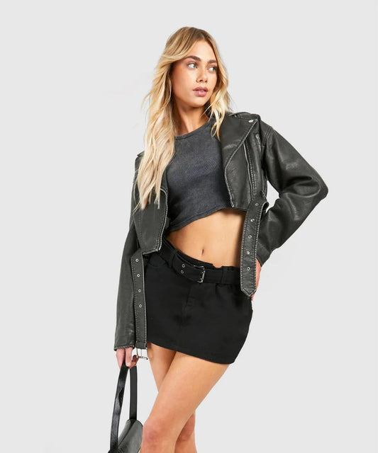 Women Distressed Cropped Leather Jacket