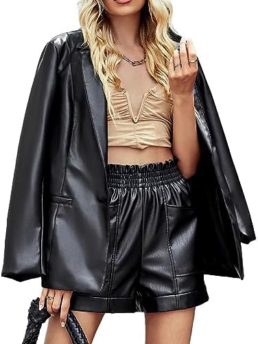 Women's Black Leather Blazer Jacket Oversized Long Sleeve Coat Motorcycle Vegan Outerwear