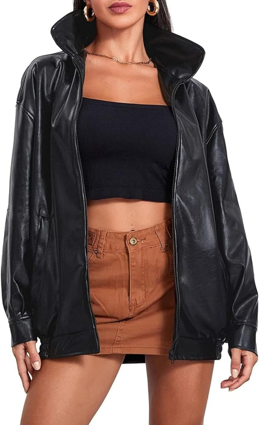 Vintage Oversized Leather Jacket with Zip-Up Detail - Women's Fall Fashion 2024