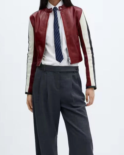 Red Cherry Crop Leather Jacket