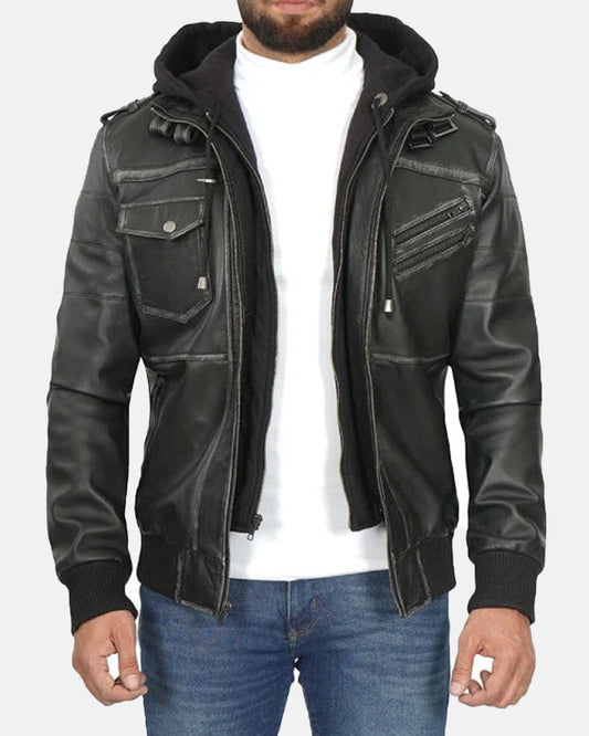 Captain Grey Leather Jacket Removable Hood