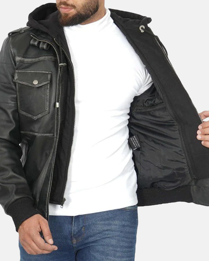 Captain Grey Leather Jacket Removable Hood